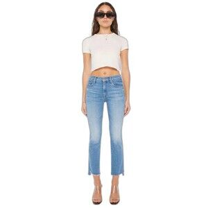 $268 Mother Insider Crop Step Fray Kick Flare Jeans Hold My Hand Light Blue 25